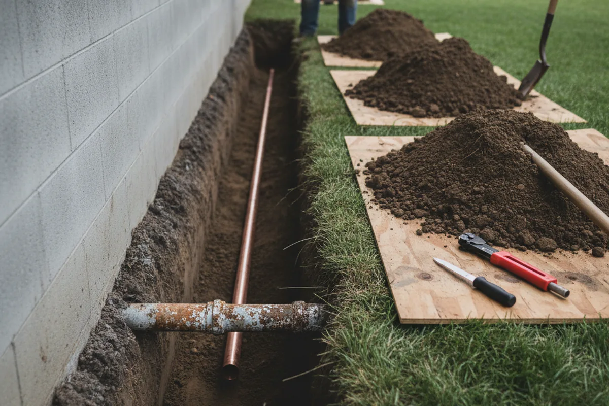 Excavated water line trench during Sewer Line Repair in Aquasco